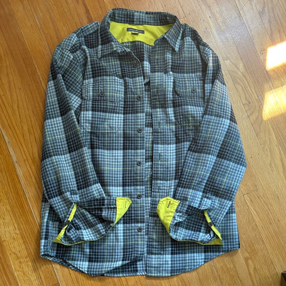 Eddie Bauer Green and Blue Plaid Casual Button Down Shirt